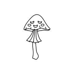 Cute cartoon poisonous mushroom. Hand drawn line art monochrome Halloween illustration.