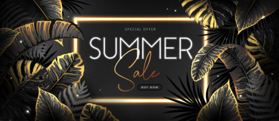 Summer big sale typography poster with black and gold tropic leaves. Nature concept. Summer background. Vector illustration