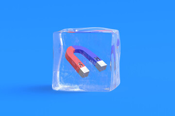 Magnet in ice cube. 3d illustration