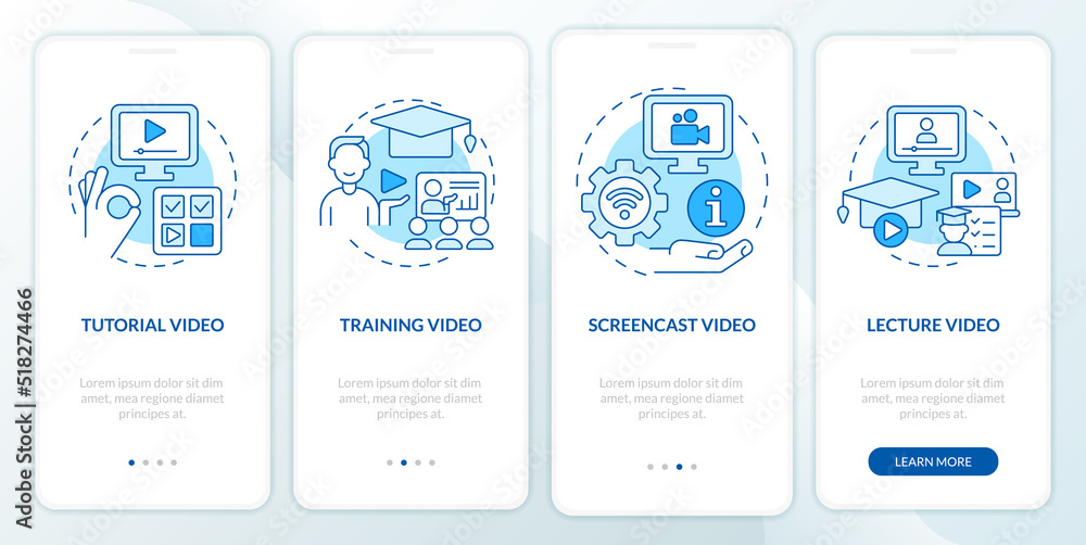 Aufkleber microlearning video examples blue onboarding mobile app screen. walkthrough 4 steps editable graphic