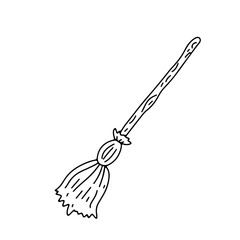 Witch broom. Hand drawn line art Halloween illustration. Isolated on white