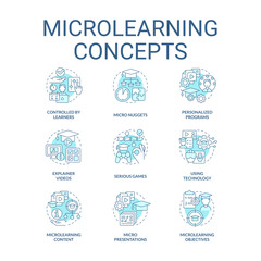 Microlearning turquoise concept icons set. Effective educational approach idea thin line color illustrations. Technology. Isolated symbols. Editable stroke. Roboto-Medium, Myriad Pro-Bold fonts used