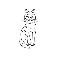 Cute sly grinning cat. Hand drawn line art Halloween illustration. Isolated on white