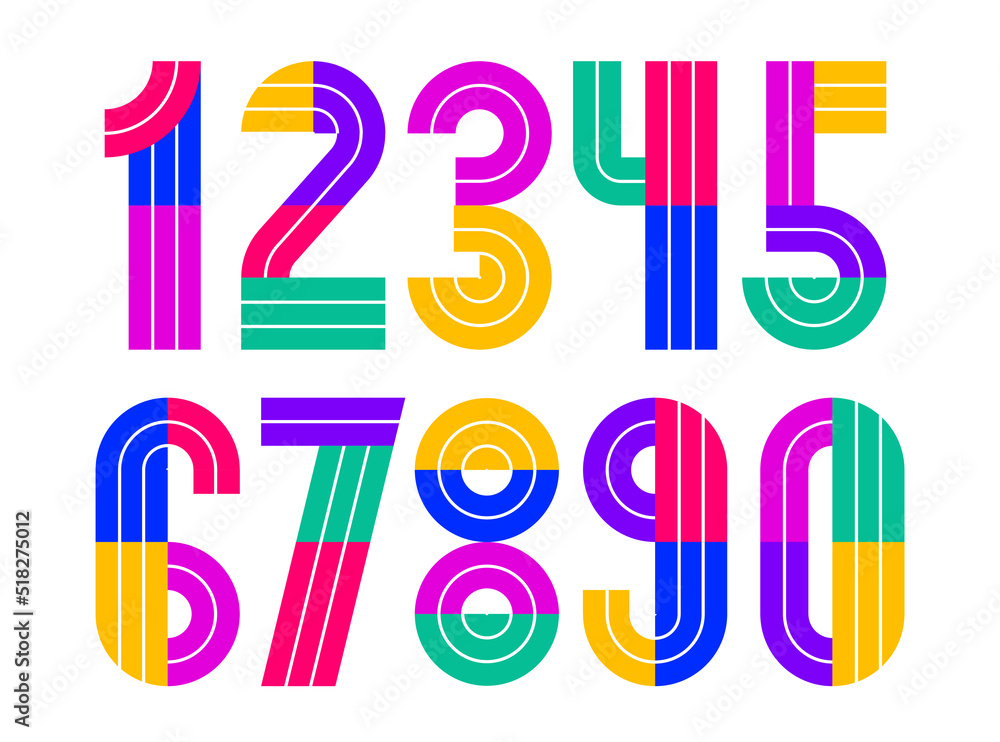 Poster geometric numbers set, vector digits, retro 90s style trendy numerals made with geometry elements, l