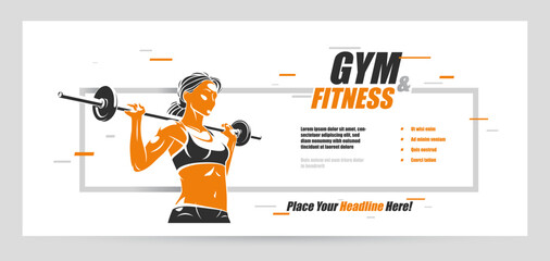 Push the barbell gym and fitness vector advertising flyer, young attractive woman doing workout exercises with a barbell, perfect muscular athletic body young adult girl sport training banner.
