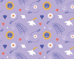Freedom peace seamless pattern with dove nd flower