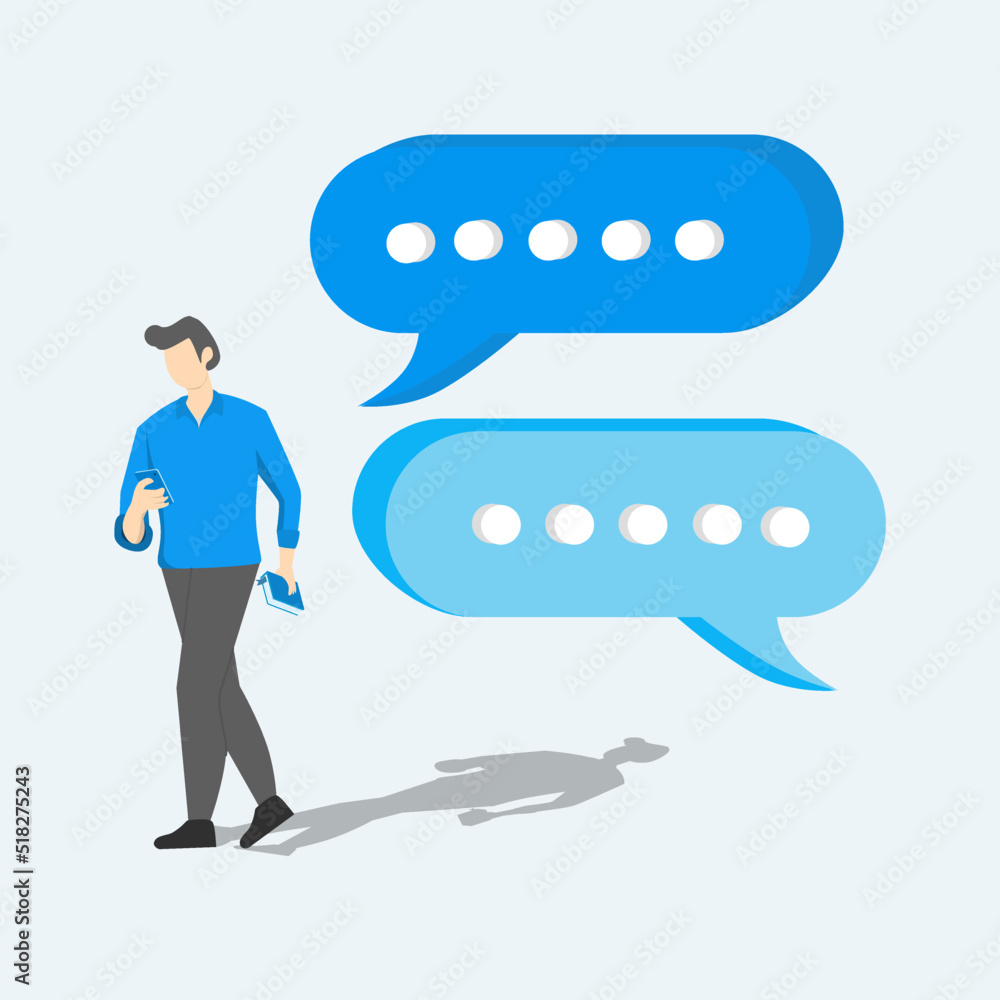 Poster man holding smartphone and sending and receiving messages. mobile app concept for secure instant mes
