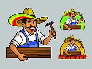 Mexican Amigo Man Wearing Sombrero Carrying hammer and board for Roofing or Handyman Cartoon Logo