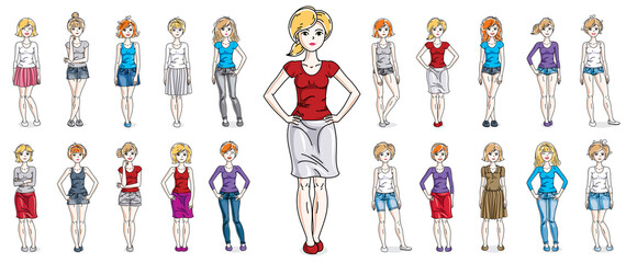 Women in casual wear vector illustrations isolated on white background big set, attractive adult girls beautiful and slim curvy body cute characters standing full length, gorgeous diverse females.