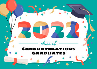 Celebration class of 2022 graduation banner with colorful confetti and ribbons