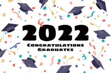 Class of 2022 graduation banner Flying students graduation hats in the sky