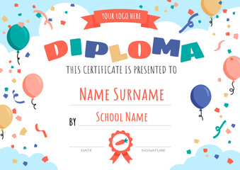 Certificates kindergarten and elementary Preschool Kids Diploma certificate design template