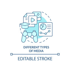 Different types of media turquoise concept icon. Microlearning aspect abstract idea thin line illustration. Media formats. Isolated outline drawing. Editable stroke. Arial, Myriad Pro-Bold fonts used