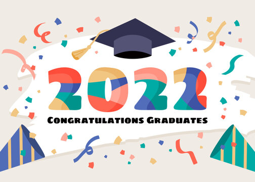 Celebration class of 2022 graduation banner with colorful confetti and ribbons