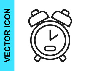 Black line Alarm clock icon isolated on white background. Wake up, get up concept. Time sign. Vector