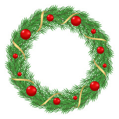 Fototapeta na wymiar Christmas wreath with red balls and golden ribbon isolated on white background