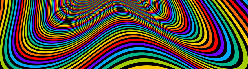 Psychedelic rainbow colored optical illusion lines vector insane art background, LSD hallucination delirium, surreal op art linear curves in hyper 3D perspective, hypnotic design. - obrazy, fototapety, plakaty