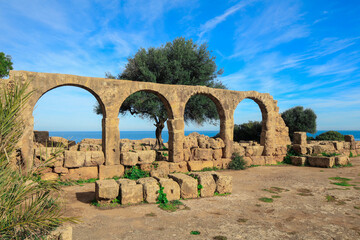 Ancient Ruins of Roman Tipasa with the Nice View to the Mediterranean coastline near Tipaza city,...