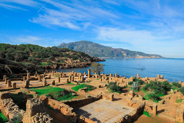 Ancient Ruins of Roman Tipasa with the Nice View to the Mediterranean coastline near Tipaza city,...