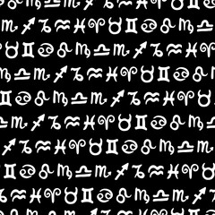 Western astrology zodiac symbols black and white seamless pattern vector. White hand-drawn signs from Aries to Pisces on black surface design. Cartoon astrological signs regular seamless pattern