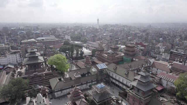 Nepal Kathmandu Durbar Square Aerial Shot Fly Over R Basantapur Log - World Heritage Site