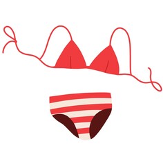 Summer bikini with string bra and panties. Women bathing suit with triangle cup top and bottom. Modern beach swim wear, female swimsuit. Flat  illustration isolated on white background