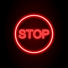 Glowing neon red stop button sign on black background 