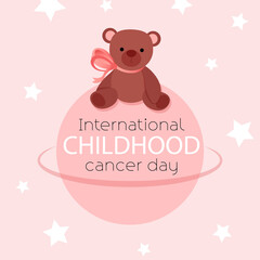 Teddy brown bear sits on the planet in honor of world cancer day