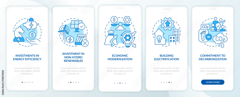 Poster Net zero practices blue onboarding mobile app screen. Organization walkthrough 5 steps editable graphic instructions with linear concepts. UI, UX, GUI template. Myriad Pro-Bold, Regular fonts used