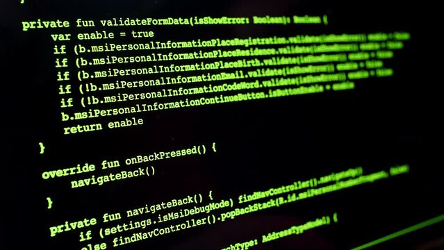 Developer is browsing html code on the computer screen. Scroll of HTML Web Page Code. Programming code abstract technology background. Computer script concept. High quality 4k footage