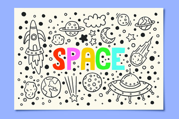 Fototapeta na wymiar Space Themed Lettering Doodle Illustration Design Set
