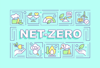 Net zero word concepts turquoise banner. Decarbonization. Infographics with editable icons on color background. Isolated typography. Vector illustration with text. Arial-Black font used