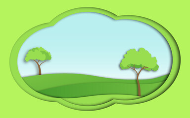 Obraz premium Eco green nature forest scenery landscape . Nature landscape with hills, trees, sun, blue sky and mountains creative idea concept in paper cut craft art style. Vector illustration. 