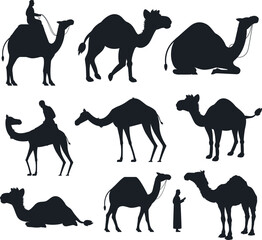 Set Camel cartoon character isolated Vectors Silhouettes