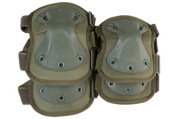 set of army knee pads and elbow pads in khaki color, lying one on top of the other, on a white...