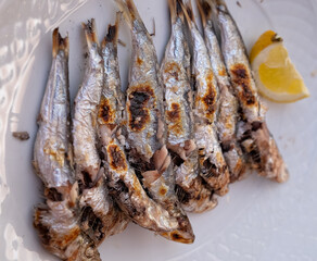Sardines espeto prepared on skewers and open flame on fireplace