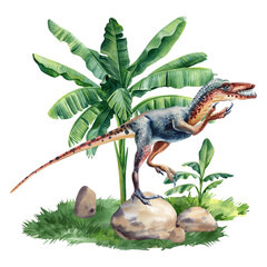 Watercolor dinosaur isolated on white background. Dinosaur on landscape with nature palm trees 
