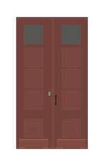 Entrance double door, dark red wooden portal. Entry front doorway, european style design.