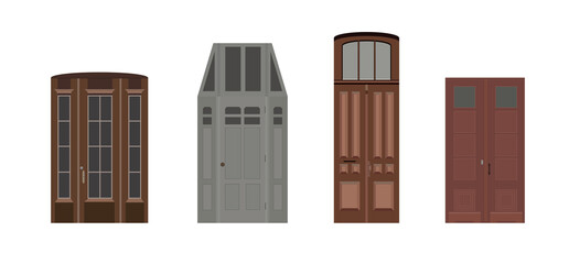 Set of 4 entrance door portal with glass windows. Entry front doorway, european style design.