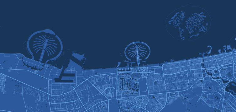 Dark blue Dubai City area vector background map, streets and water cartography illustration.