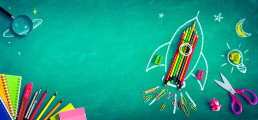 Back To School - Rocket With Colorful Pencils And Blackboard - Startup Concept - obrazy, fototapety, plakaty
