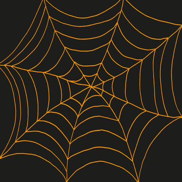 Background with big spiderweb drawn orange marker on black paper. Halloween concept with creative neon web.
