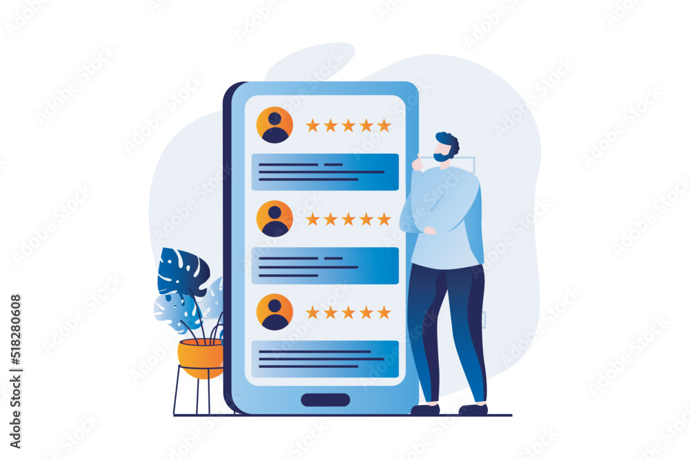Poster feedback page concept with people scene in flat cartoon design. man reads comments with stars of oth