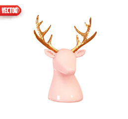 Deer and elk head. Festive winter Christmas decorative element. Realistic 3d design element In plastic cartoon style. Icon isolated on white background. Vector illustration