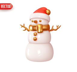 Snowman in red Christmas hat. Festive cute character. Realistic 3d design element In plastic cartoon style. Icon isolated on white background. Vector illustration