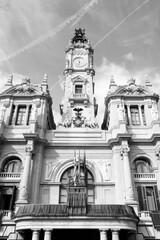 Fototapeta na wymiar Spain - Valencia City Hall. Black and white photo of Valencia, Spain.