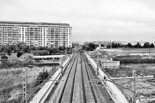 Railroad tracks in Spain. Black and white photo of Spain.