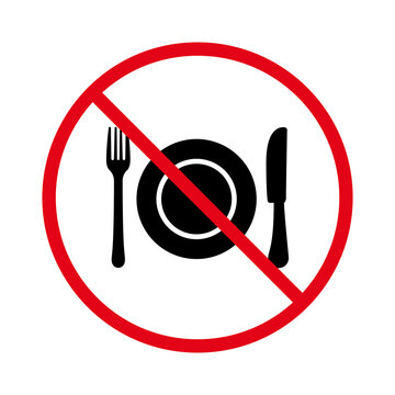 Forbid Dining Knife Plate Fork Silverware Pictogram. Ban Restaurant Cutlery Dinner Black Silhouette Icon. No Allow Dishware Sign. Prohibit Fork Knife Plate Stop Symbol. Isolated Vector Illustration