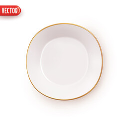 White ceramic plate with gold rim. Round plate flat top view. Realistic 3d design element. Icon isolated on white background. Vector illustration