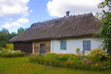 Fototapeta na wymiar Reconstruction of historical building in Open-air Museum of Folk Architecture and Life of the Middle Dnieper in Pereyaslav-Khmelnitsky, Ukraine 